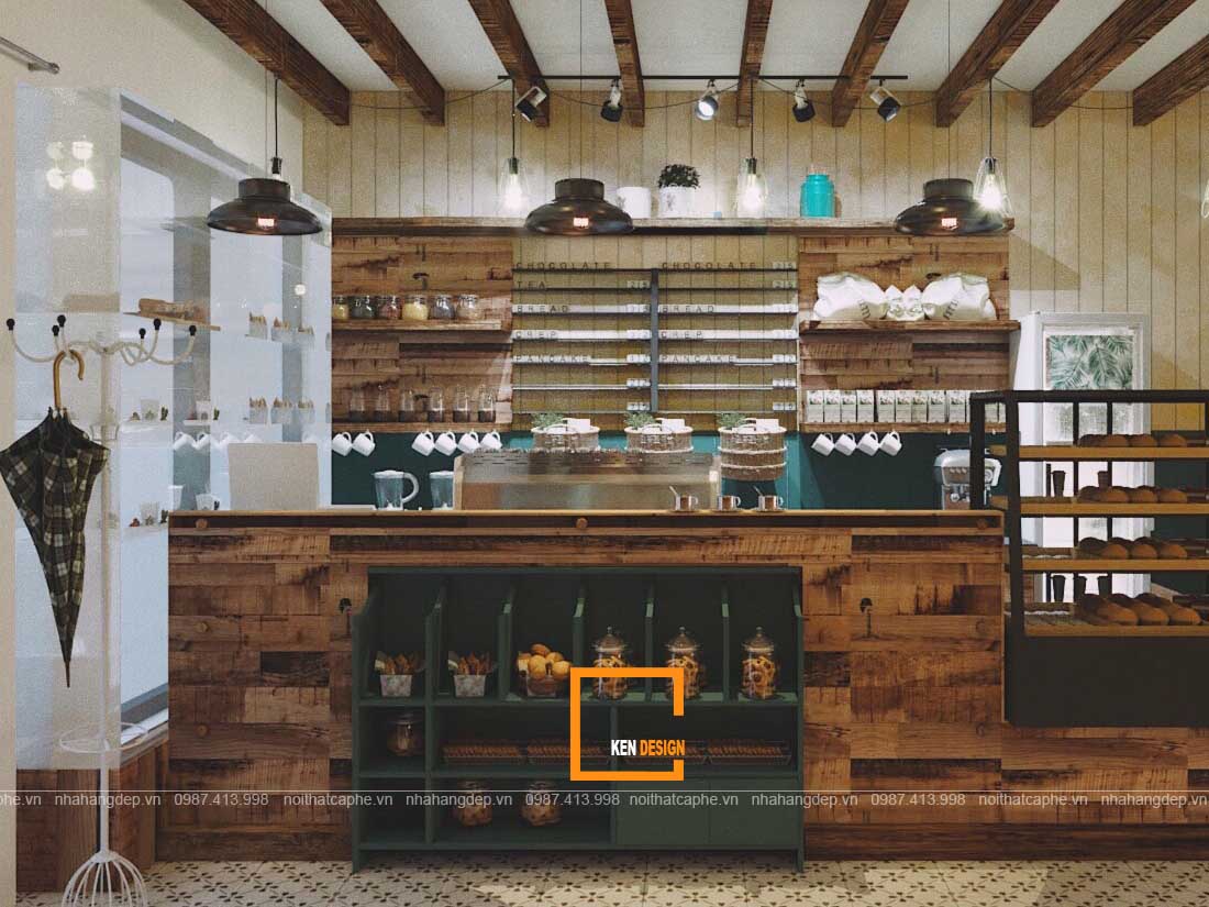 Khu quầy bar và trưng bày tủ bánh độc đáo